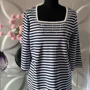 Quacker Factory Nautical Navy & White Stripe Top with Stars & Studs Size Small